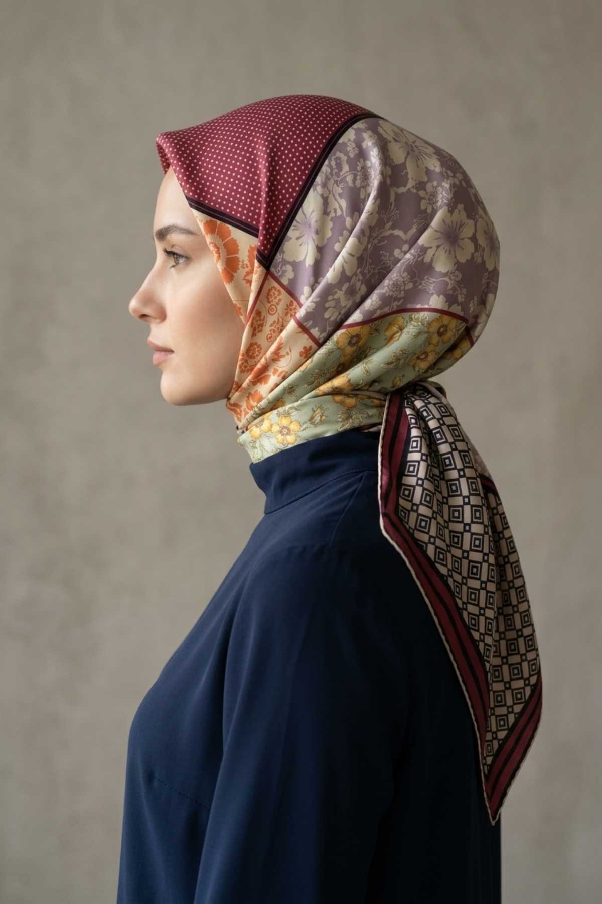 Kehva Patchwork Mürdüm Hale Eşarp